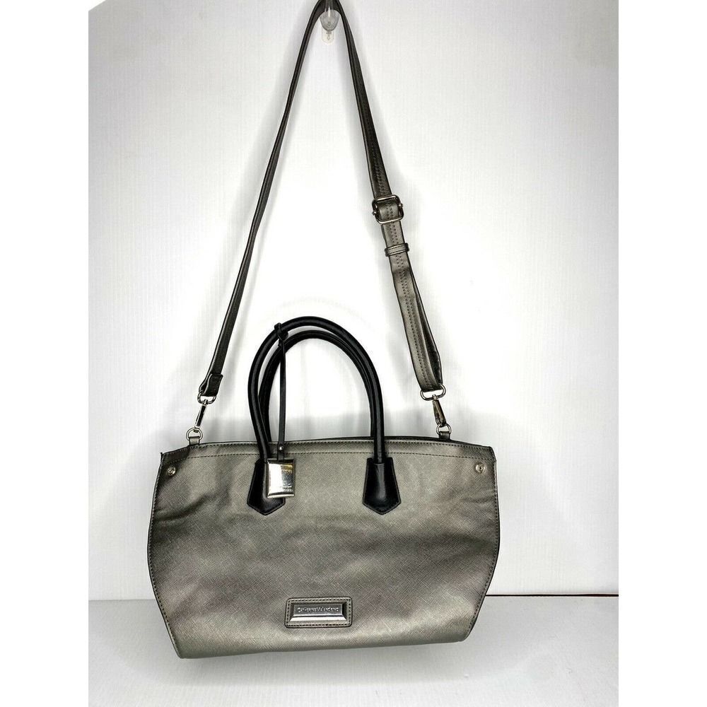 Catherine Malandrino Leather Purse Handbag Satchel Tote Hand Shoulder Bag Silver